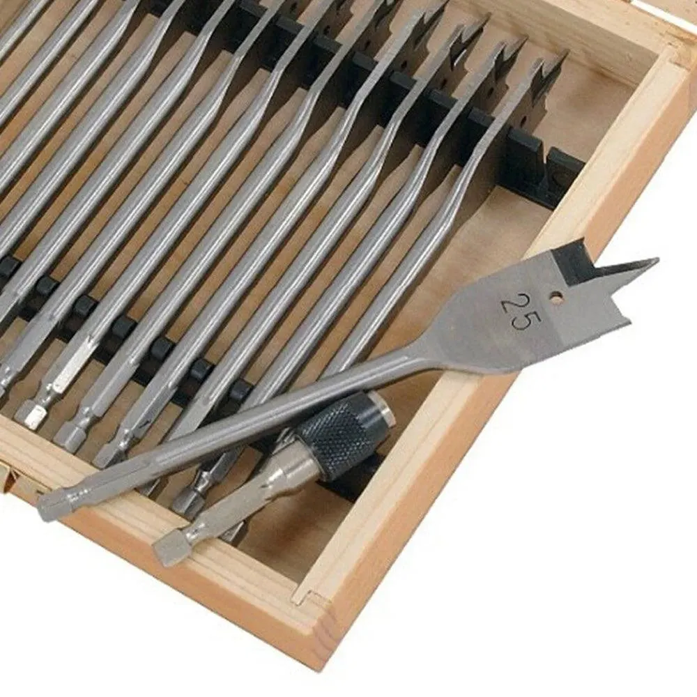 14pc Wood Drill Bit Set Spade Flat Hex Shank 6-25mm 150mm Case & Quick Adaptor