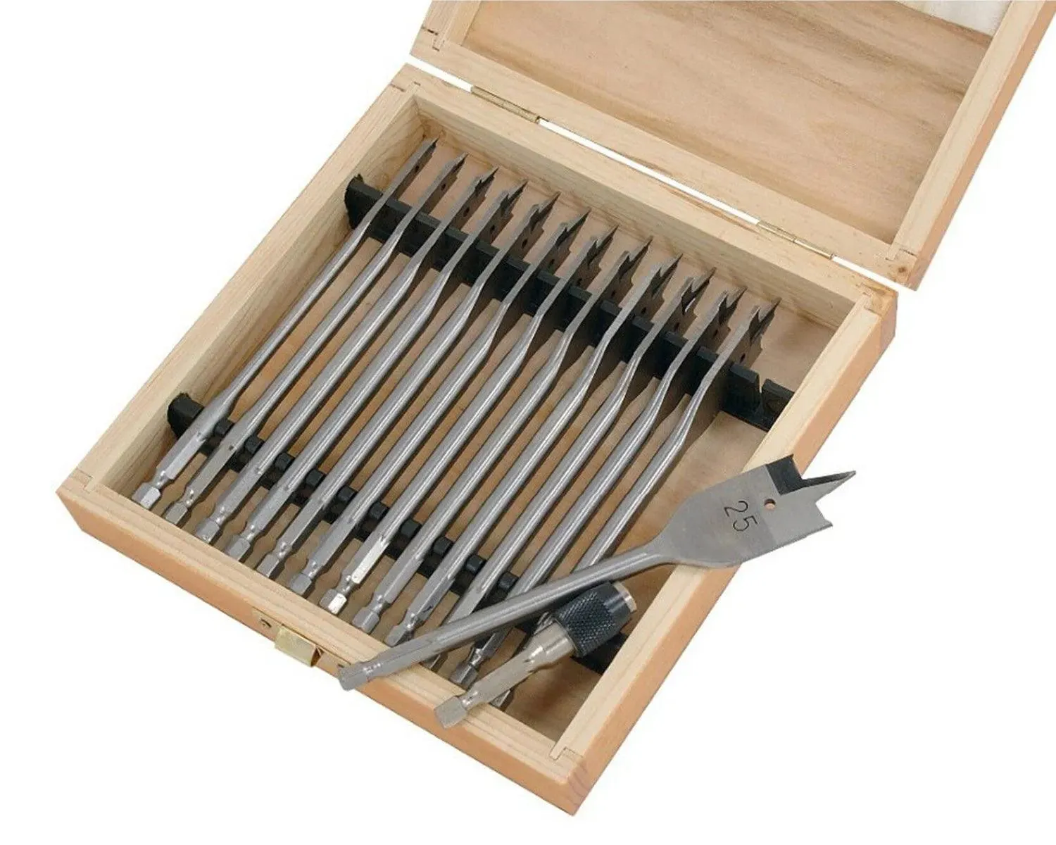 14pc Wood Drill Bit Set Spade Flat Hex Shank 6-25mm 150mm Case & Quick Adaptor
