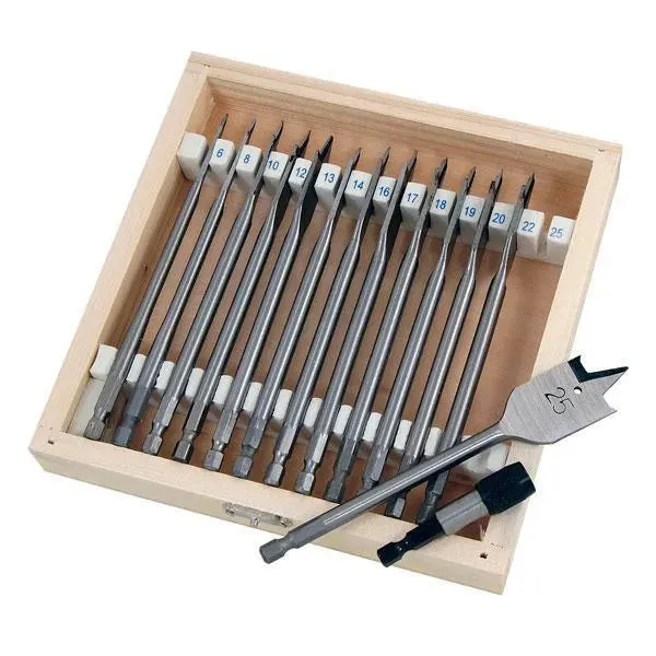 14pc Wood Drill Bit Set Spade Flat Hex Shank 6-25mm 150mm Case & Quick Adaptor