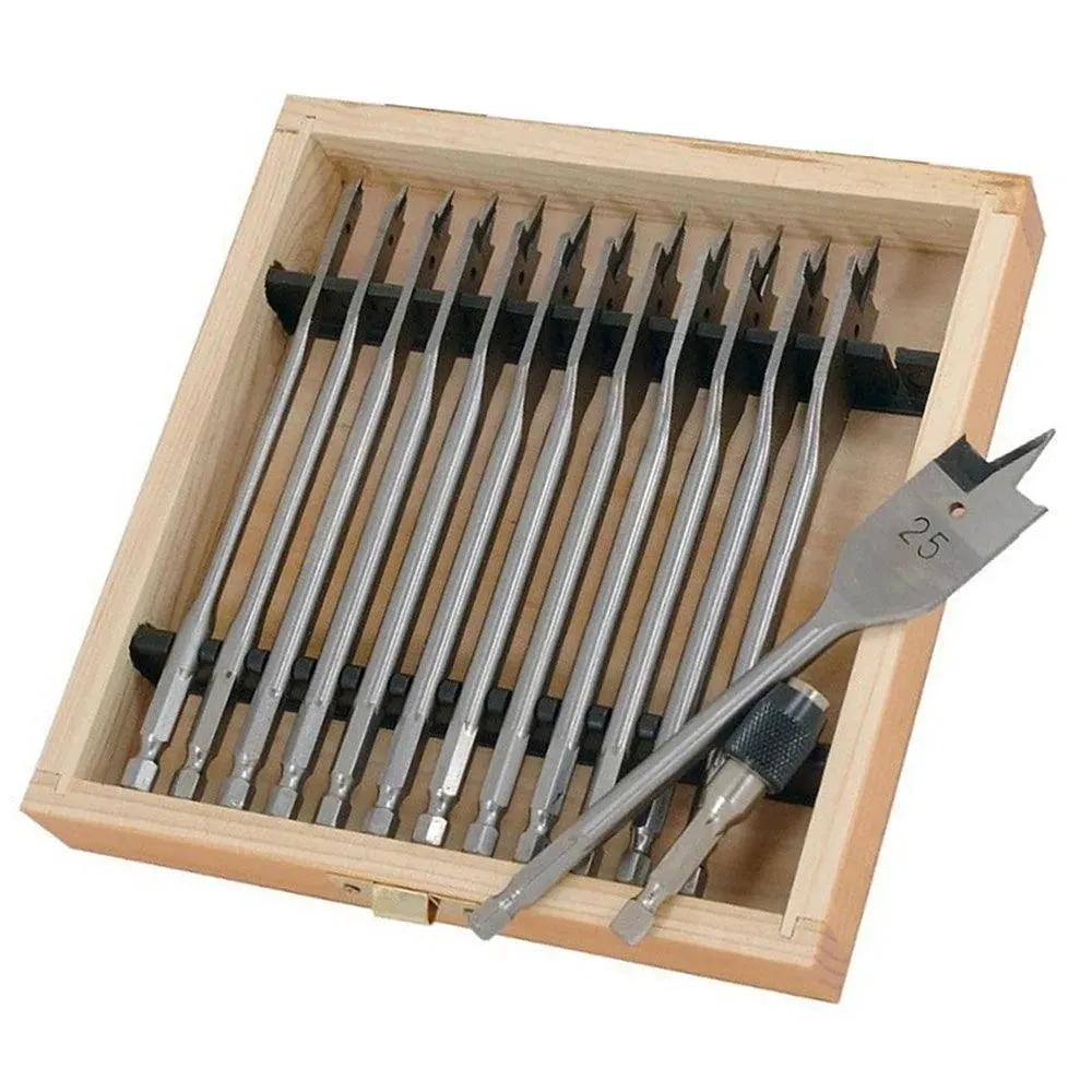 14pc Wood Drill Bit Set Spade Flat Hex Shank 6-25mm 150mm Case & Quick Adaptor