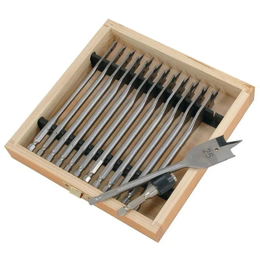 14pc Wood Drill Bit Set Spade Flat Hex Shank 6-25mm 150mm Case & Quick Adaptor