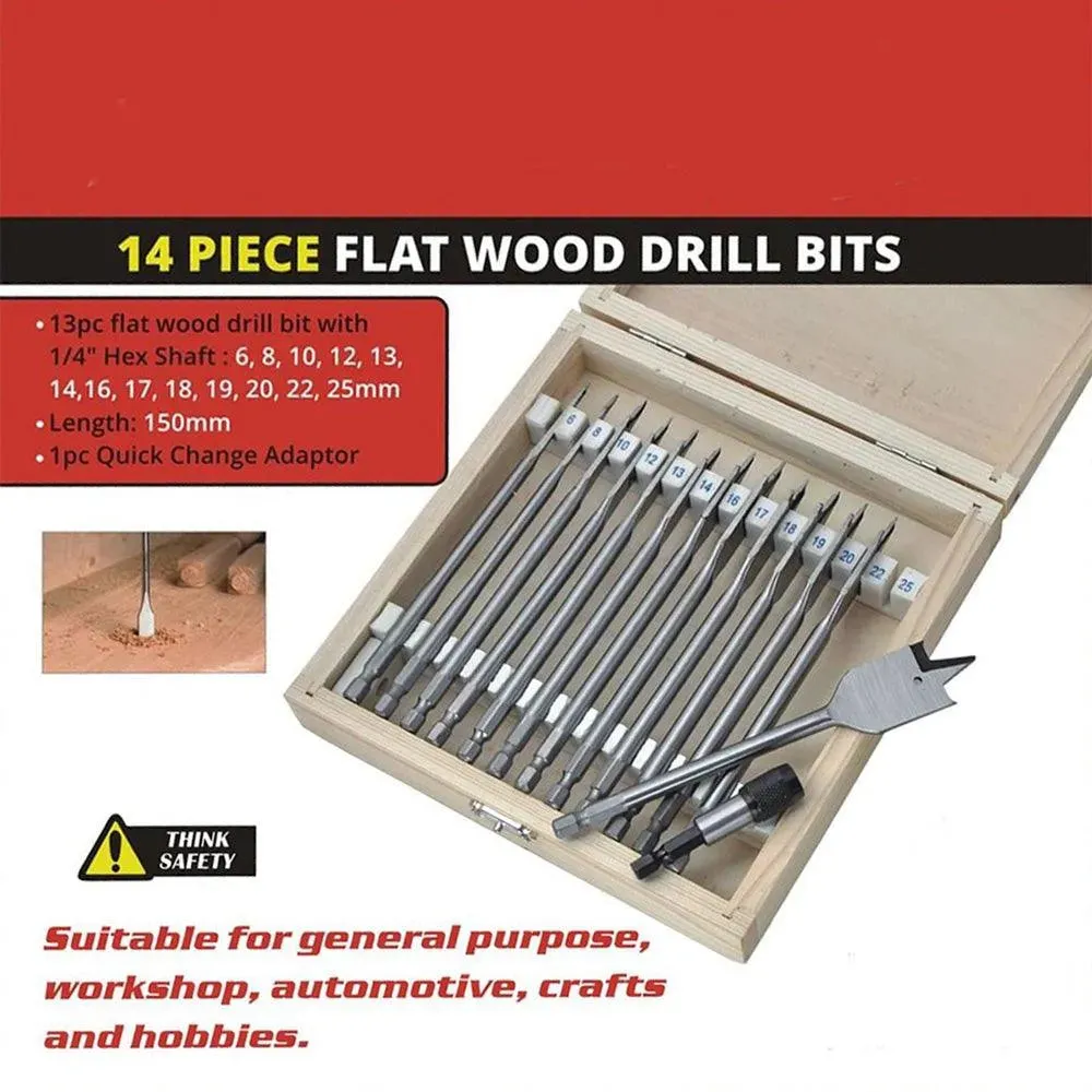 14pc Wood Drill Bit Set Spade Flat Hex Shank 6-25mm 150mm Case & Quick Adaptor