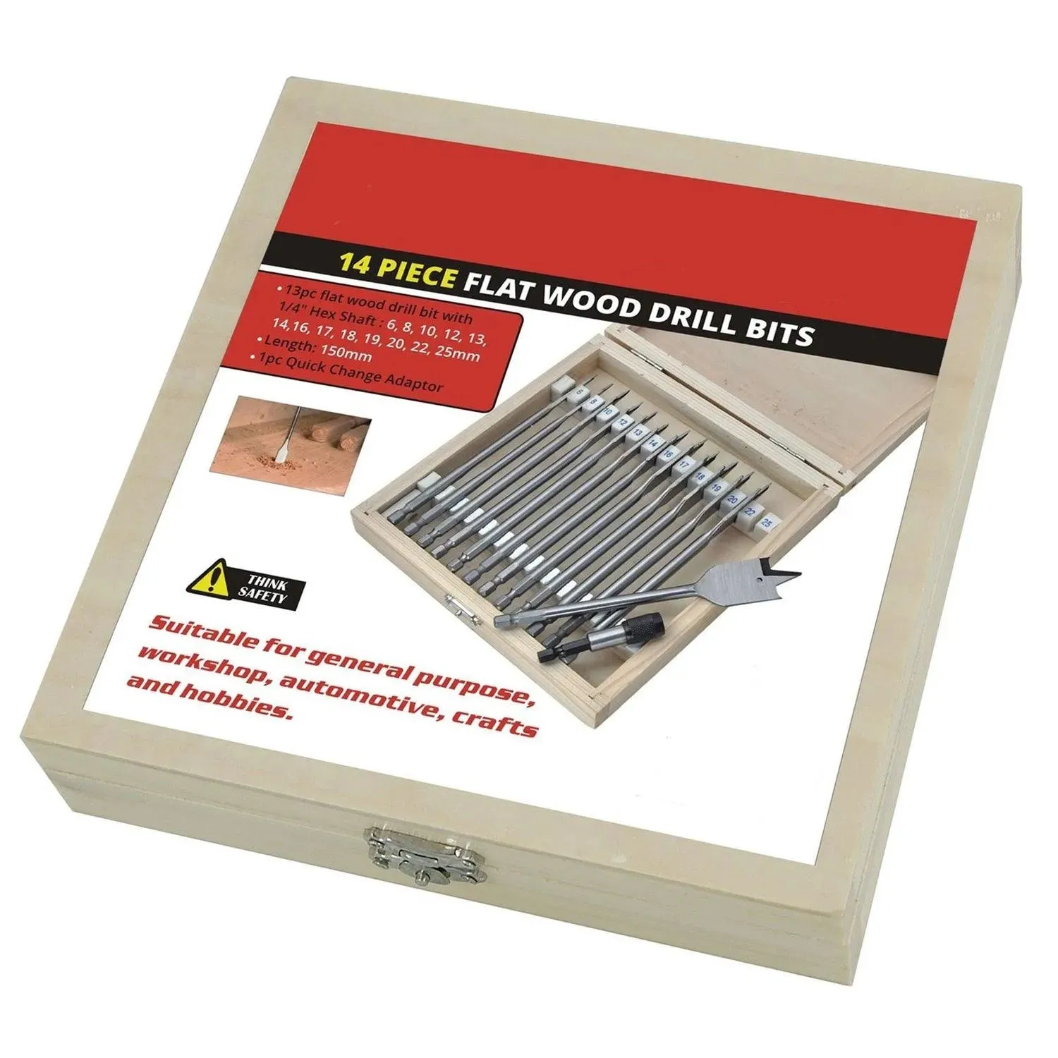 14pc Wood Drill Bit Set Spade Flat Hex Shank 6-25mm 150mm Case & Quick Adaptor