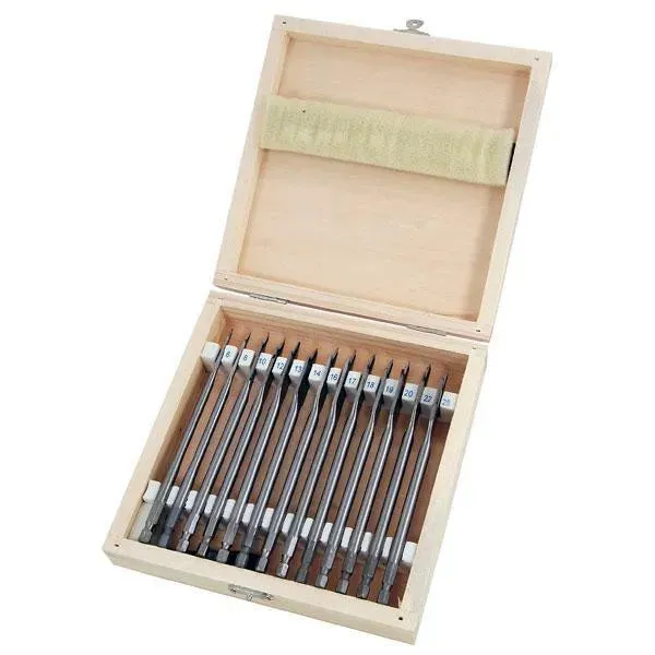 14pc Wood Drill Bit Set Spade Flat Hex Shank 6-25mm 150mm Case & Quick Adaptor