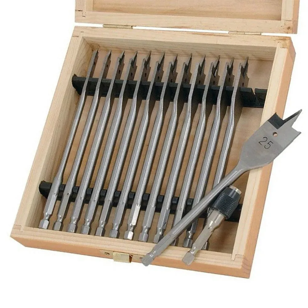 14pc Wood Drill Bit Set Spade Flat Hex Shank 6-25mm 150mm Case & Quick Adaptor