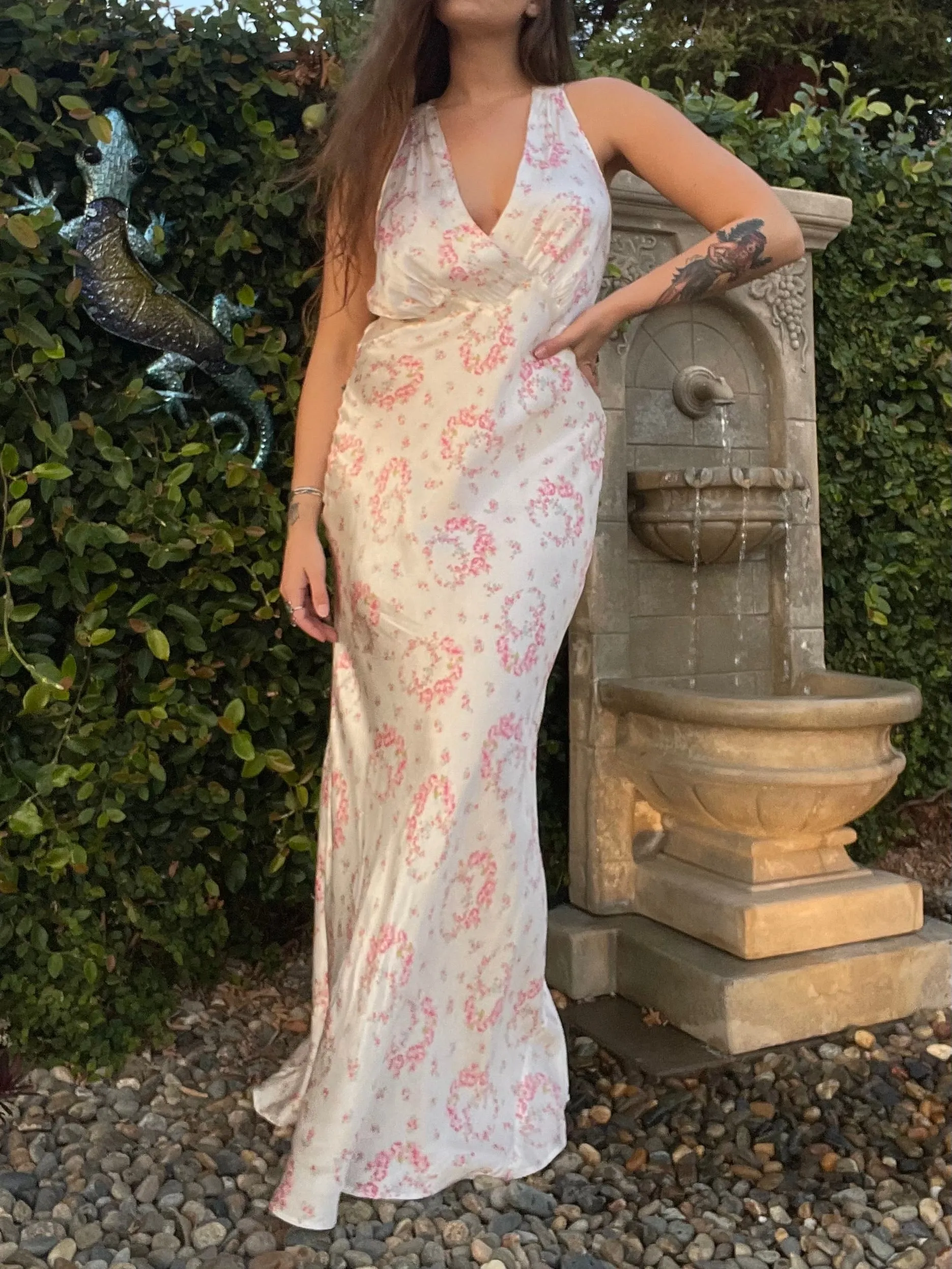 1940s Floral Wreath Rayon Satin Bias Cut Slip Dress