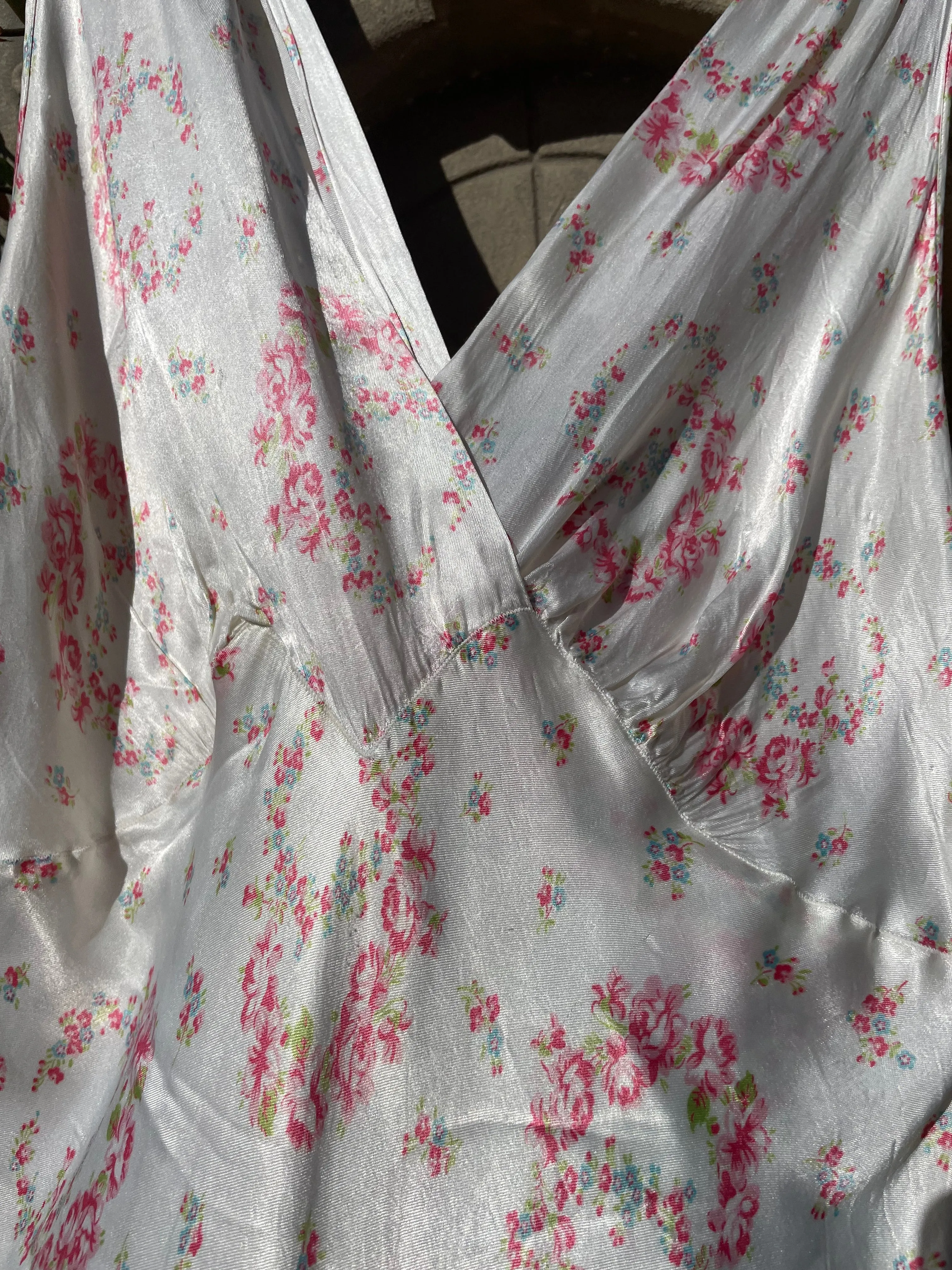 1940s Floral Wreath Rayon Satin Bias Cut Slip Dress