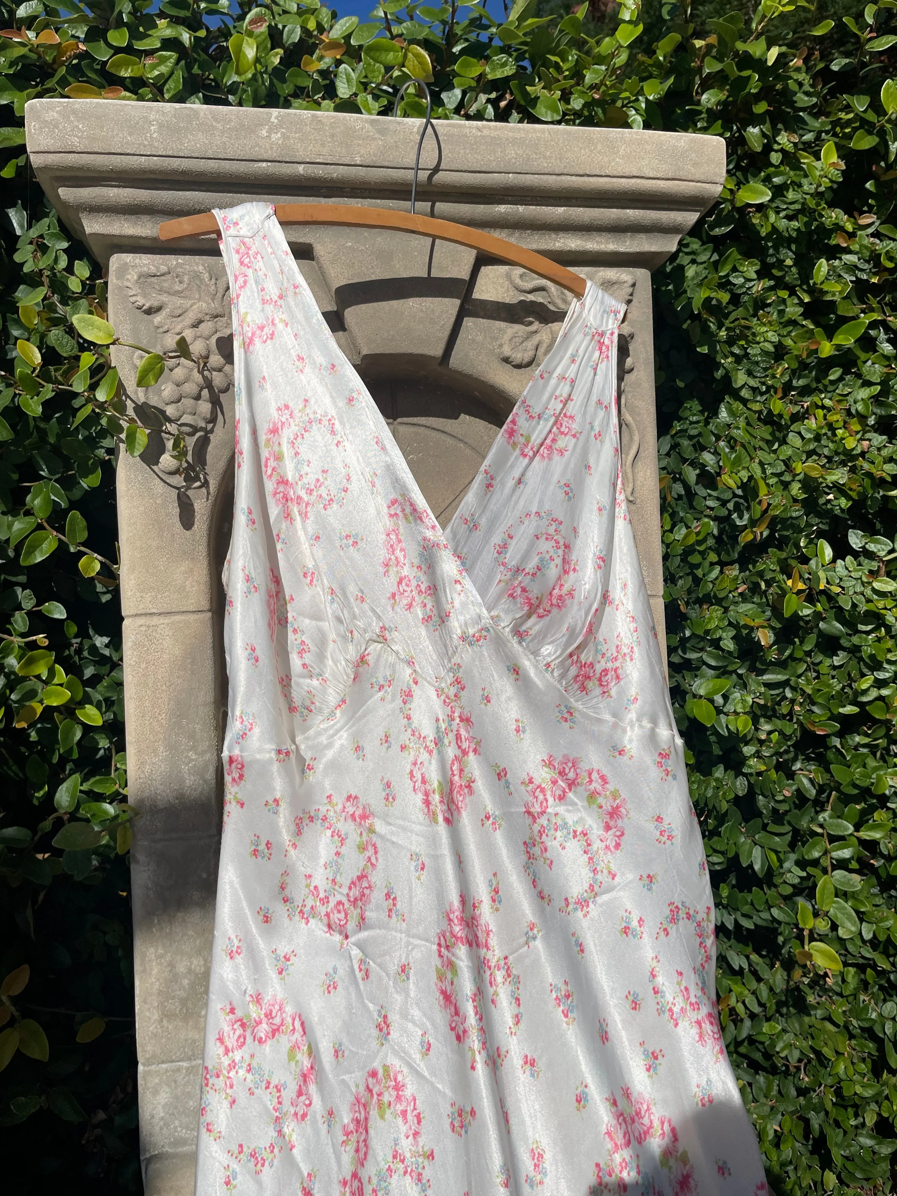 1940s Floral Wreath Rayon Satin Bias Cut Slip Dress
