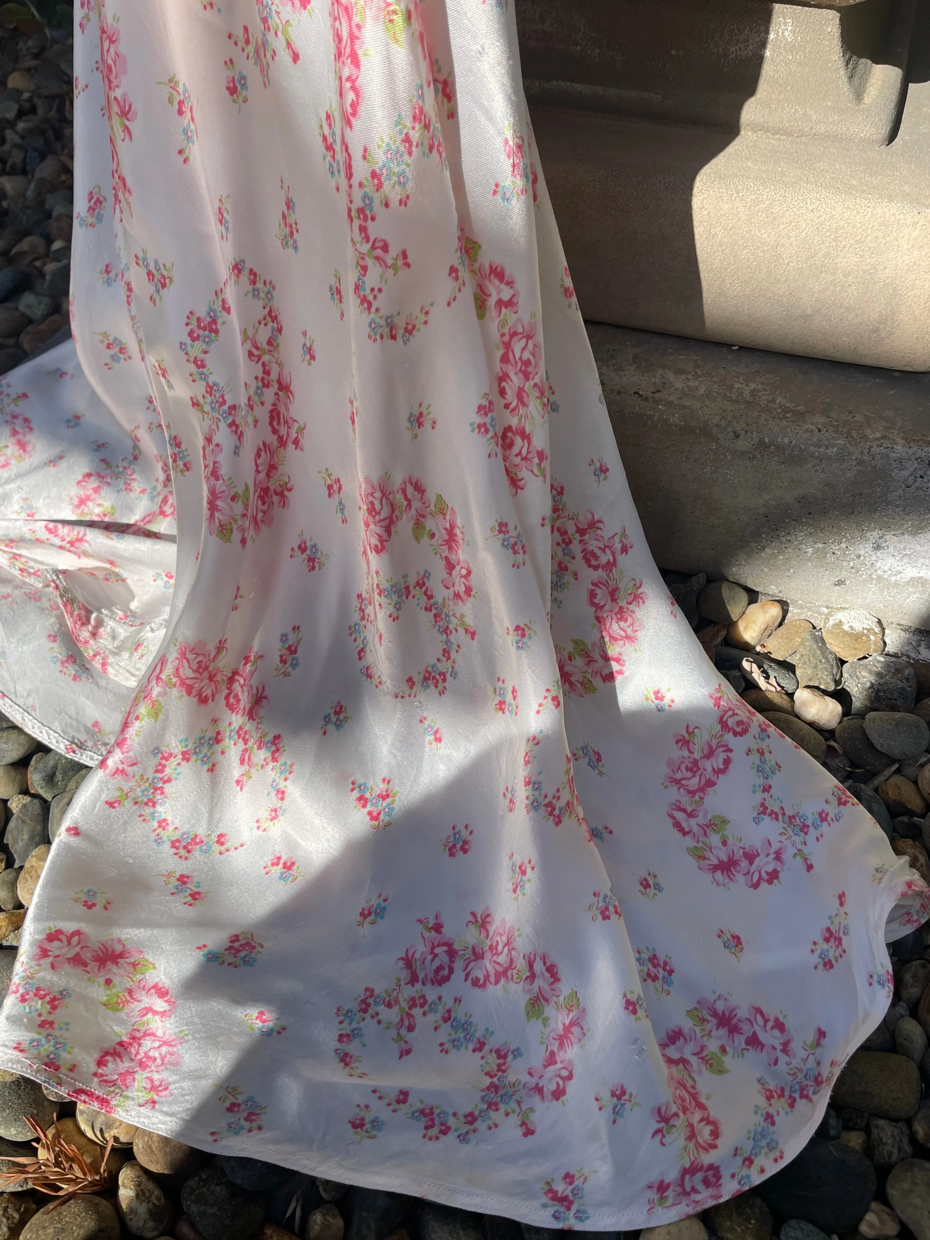 1940s Floral Wreath Rayon Satin Bias Cut Slip Dress