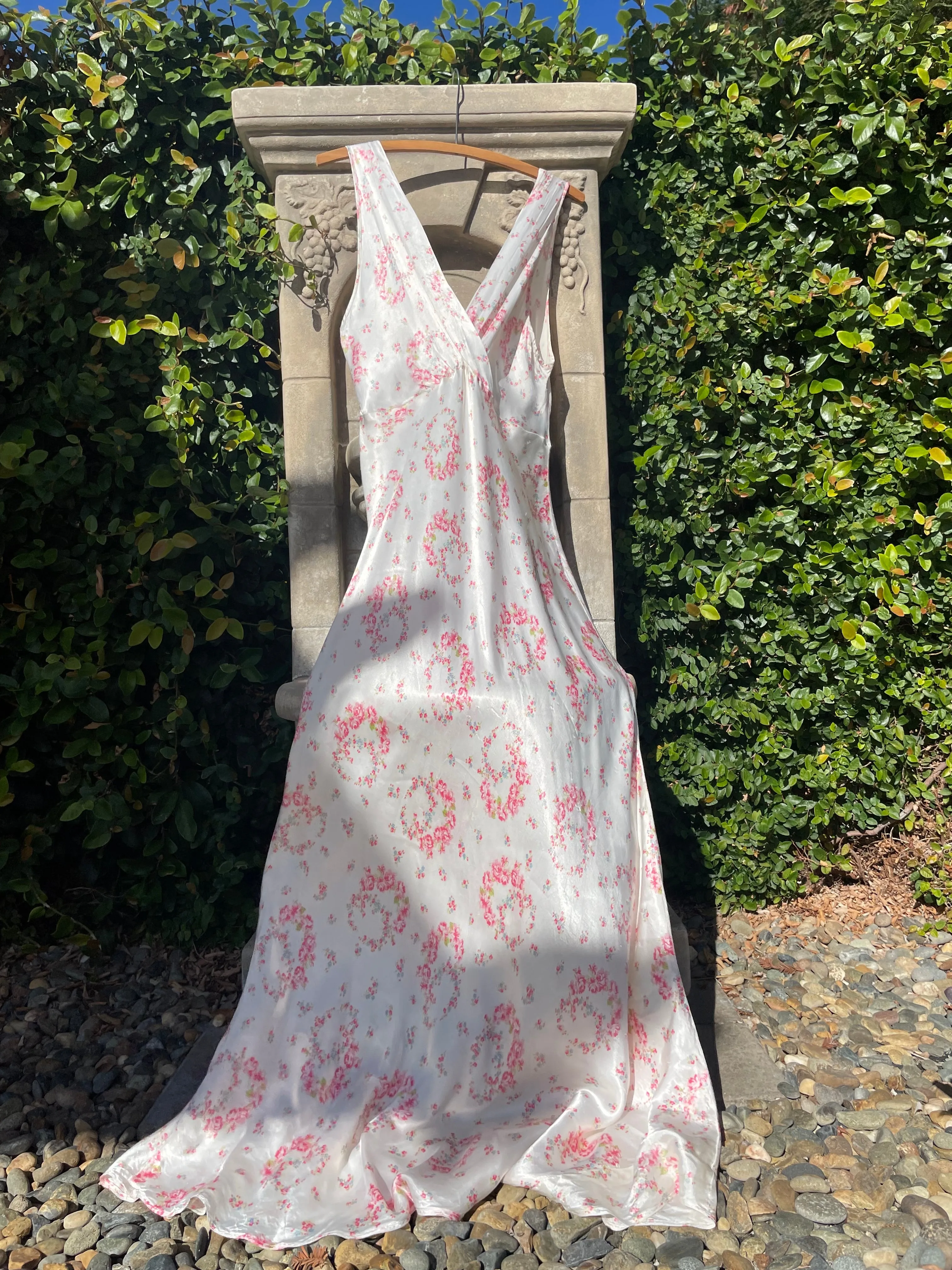 1940s Floral Wreath Rayon Satin Bias Cut Slip Dress