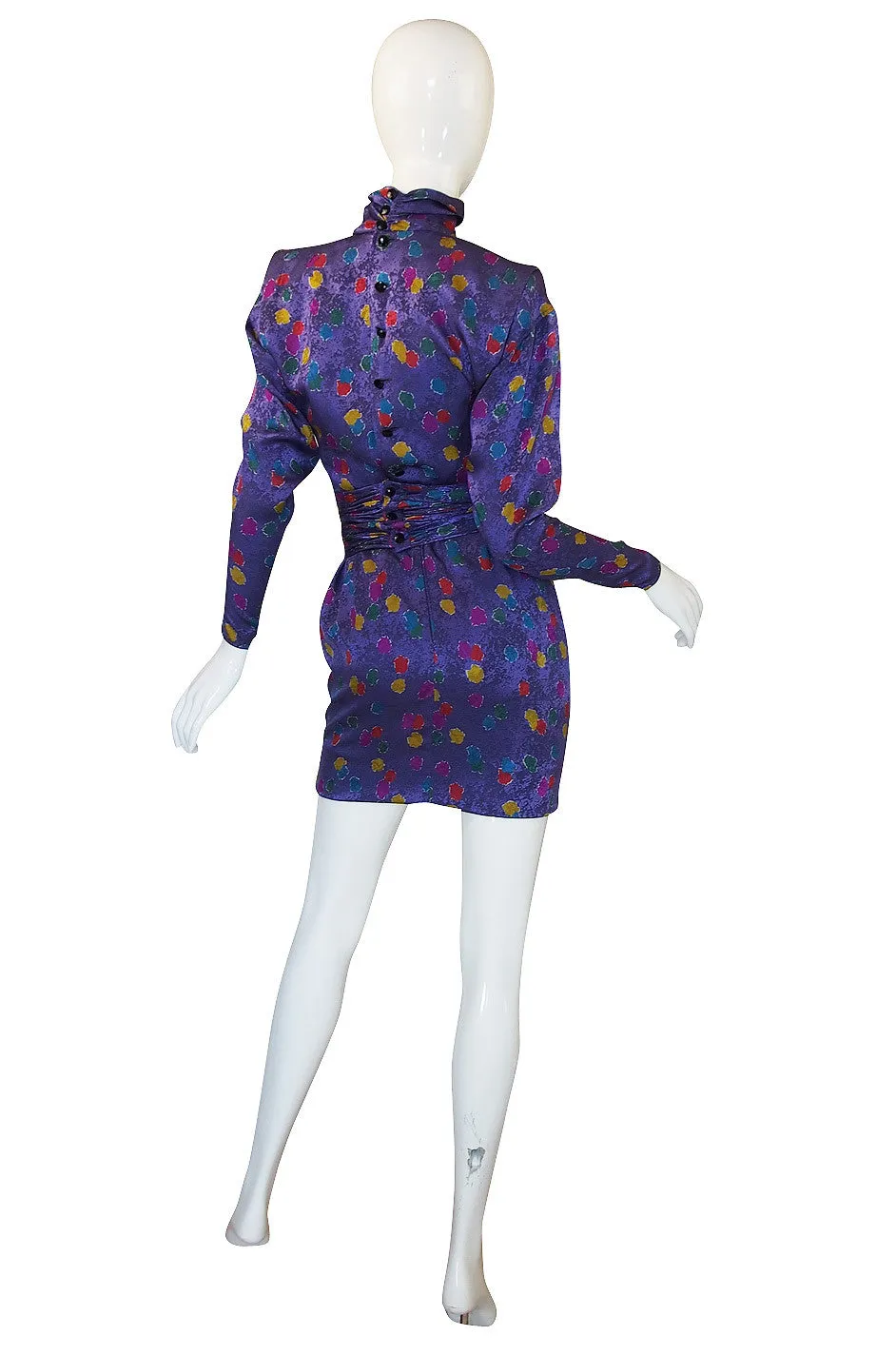 1980s Ungaro Multi Color Dot Silk Mini Dress