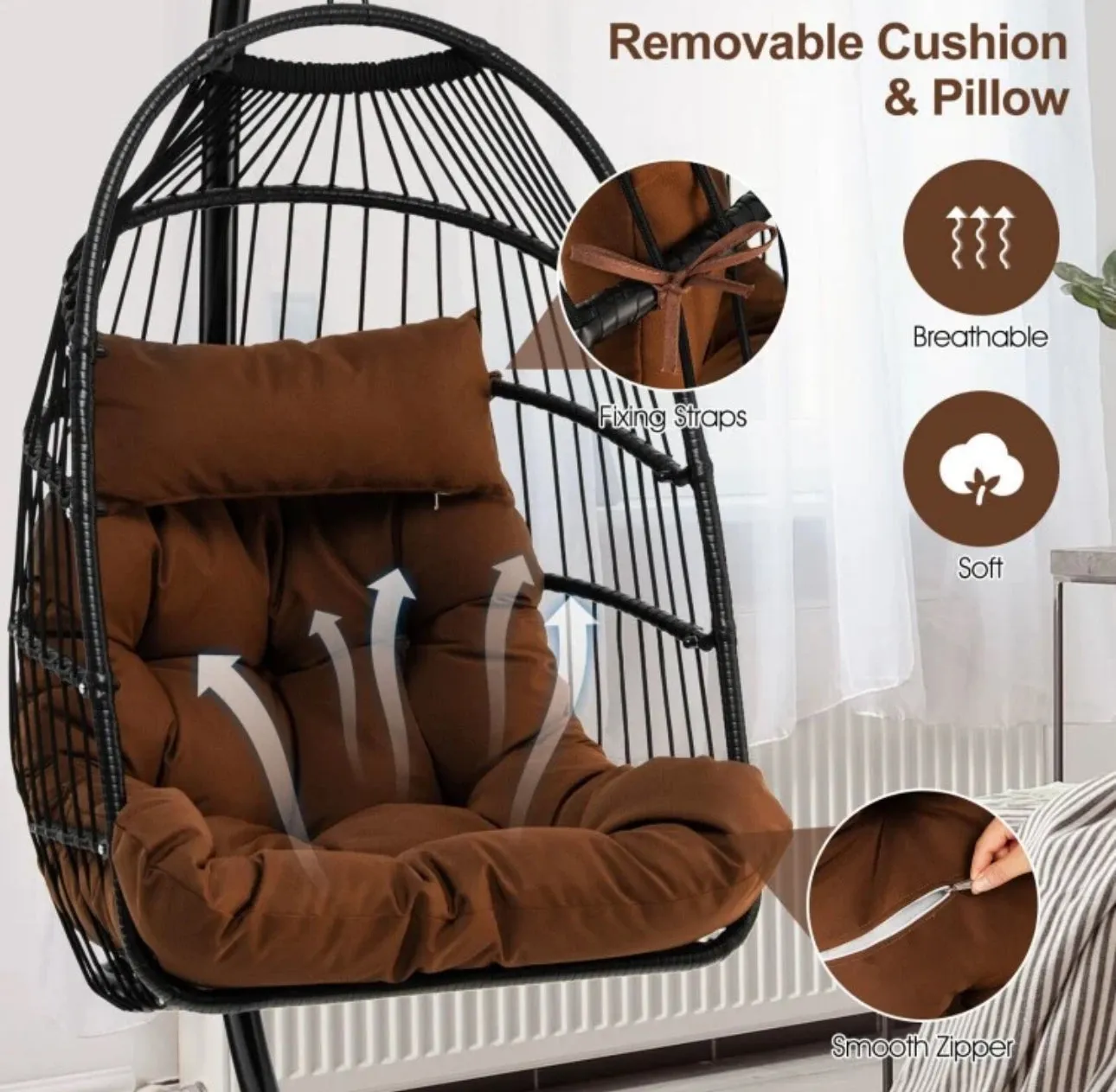 2025 Heavy Duty Patio Hanging Egg Chair With Stand | Soft Cushion | Headrest Pillow | Waterproof Cover | Folding Basket | Water Resistant | Holds 330lbs