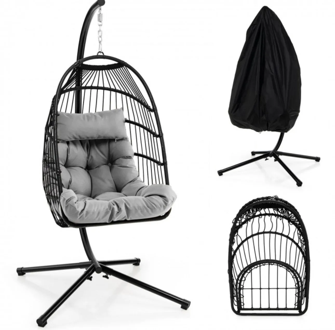 2025 Heavy Duty Patio Hanging Egg Chair With Stand | Soft Cushion | Headrest Pillow | Waterproof Cover | Folding Basket | Water Resistant | Holds 330lbs