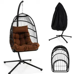 2025 Heavy Duty Patio Hanging Egg Chair With Stand | Soft Cushion | Headrest Pillow | Waterproof Cover | Folding Basket | Water Resistant | Holds 330lbs