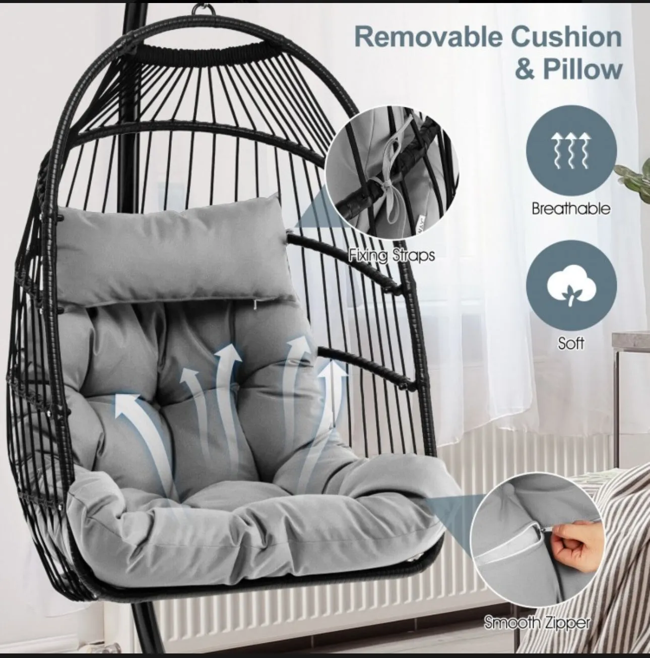 2025 Heavy Duty Patio Hanging Egg Chair With Stand | Soft Cushion | Headrest Pillow | Waterproof Cover | Folding Basket | Water Resistant | Holds 330lbs