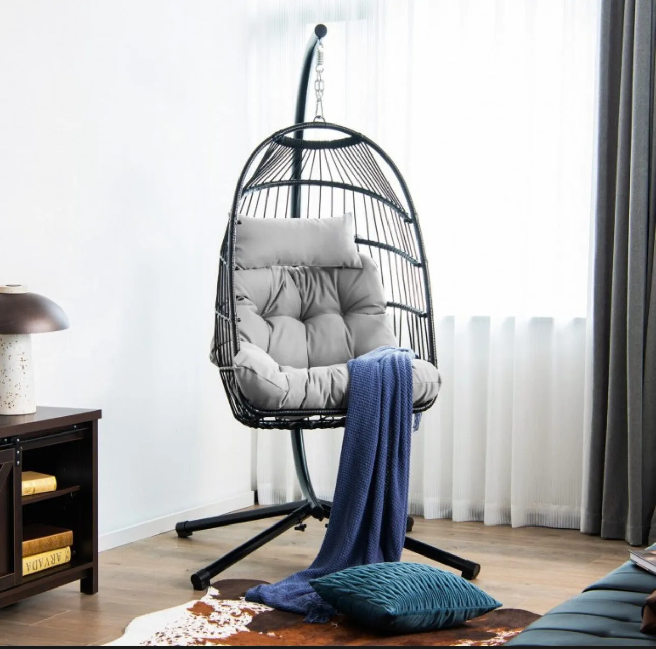 2025 Heavy Duty Patio Hanging Egg Chair With Stand | Soft Cushion | Headrest Pillow | Waterproof Cover | Folding Basket | Water Resistant | Holds 330lbs