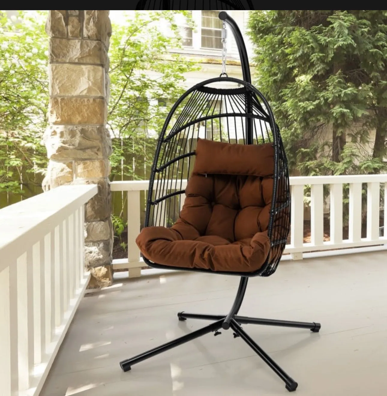 2025 Heavy Duty Patio Hanging Egg Chair With Stand | Soft Cushion | Headrest Pillow | Waterproof Cover | Folding Basket | Water Resistant | Holds 330lbs