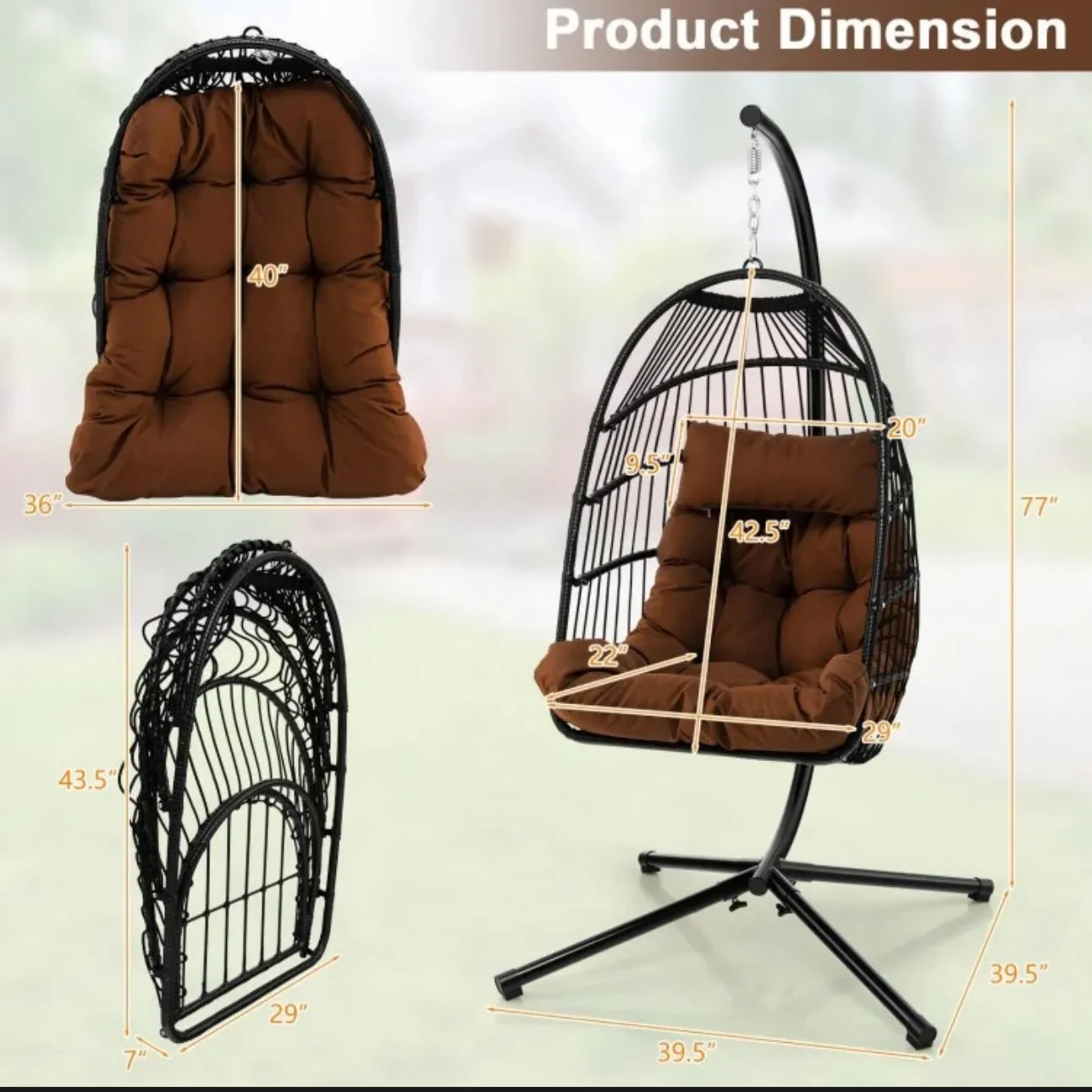 2025 Heavy Duty Patio Hanging Egg Chair With Stand | Soft Cushion | Headrest Pillow | Waterproof Cover | Folding Basket | Water Resistant | Holds 330lbs