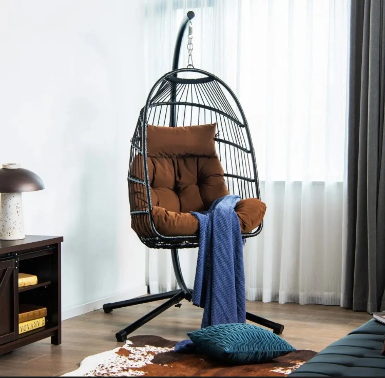 2025 Heavy Duty Patio Hanging Egg Chair With Stand | Soft Cushion | Headrest Pillow | Waterproof Cover | Folding Basket | Water Resistant | Holds 330lbs