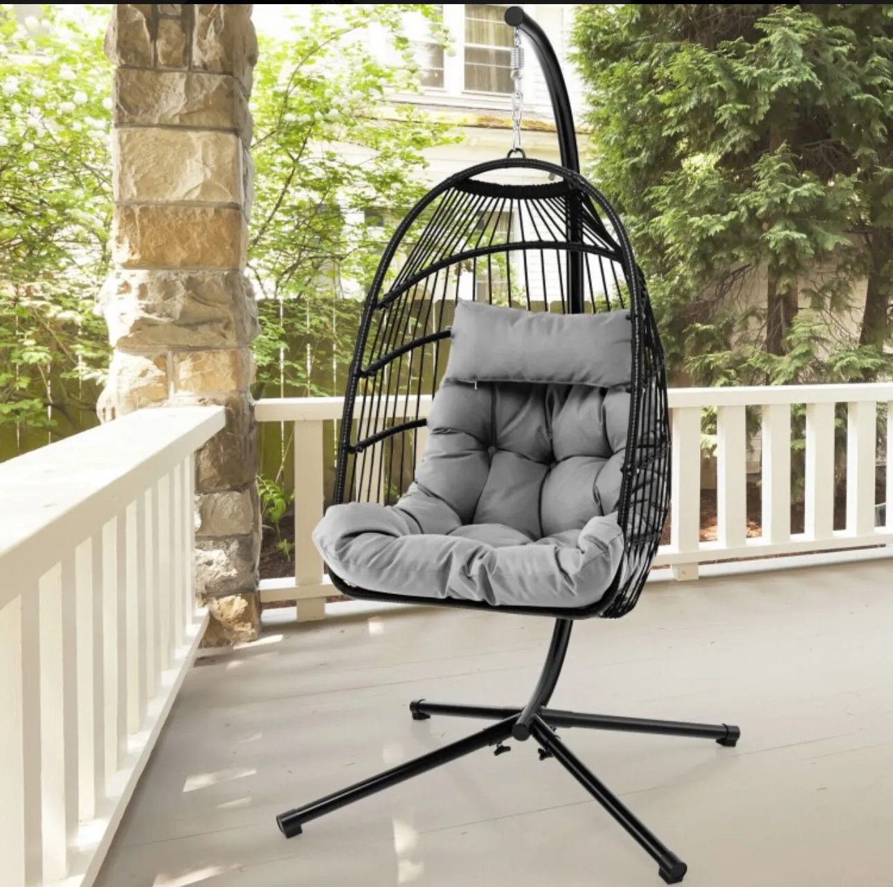 2025 Heavy Duty Patio Hanging Egg Chair With Stand | Soft Cushion | Headrest Pillow | Waterproof Cover | Folding Basket | Water Resistant | Holds 330lbs