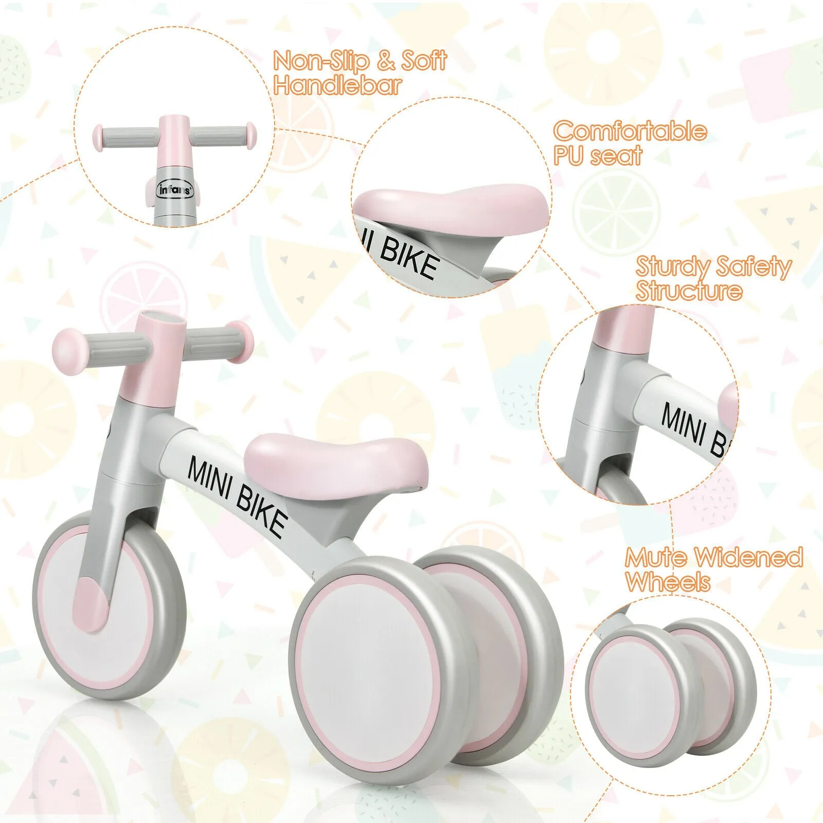 3 Silent Wheel Baby Balance Bike | Infant Baby Walker | Pink