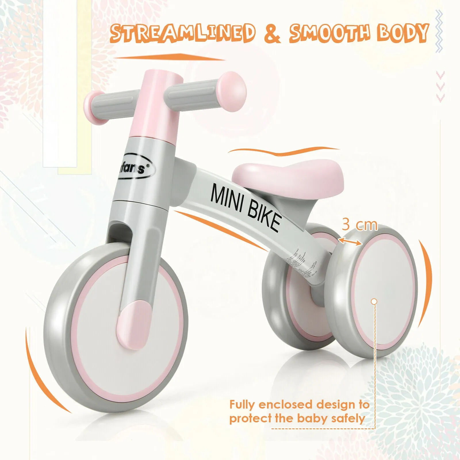 3 Silent Wheel Baby Balance Bike | Infant Baby Walker | Pink
