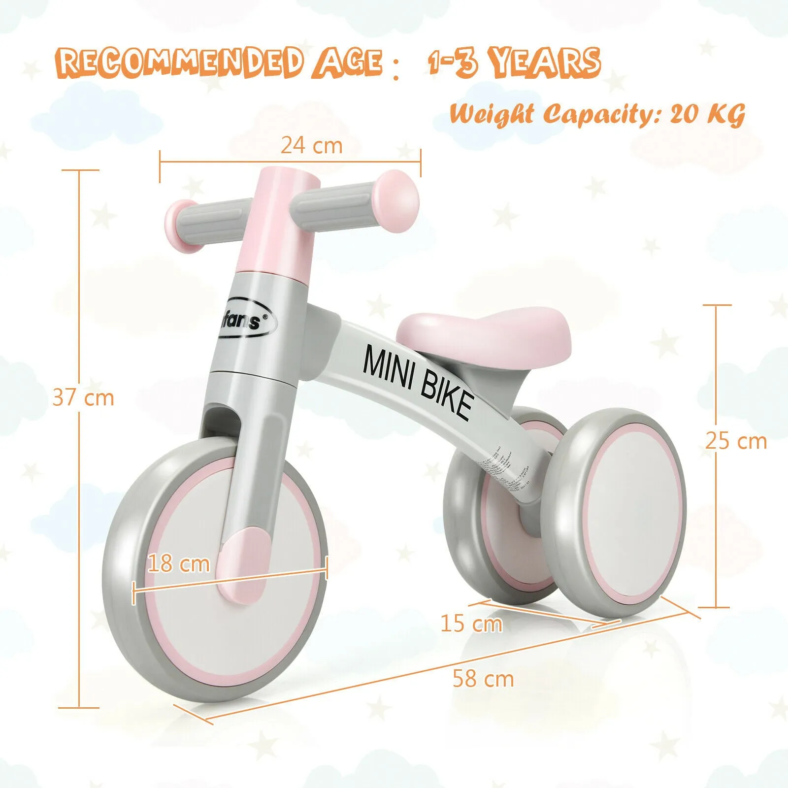 3 Silent Wheel Baby Balance Bike | Infant Baby Walker | Pink