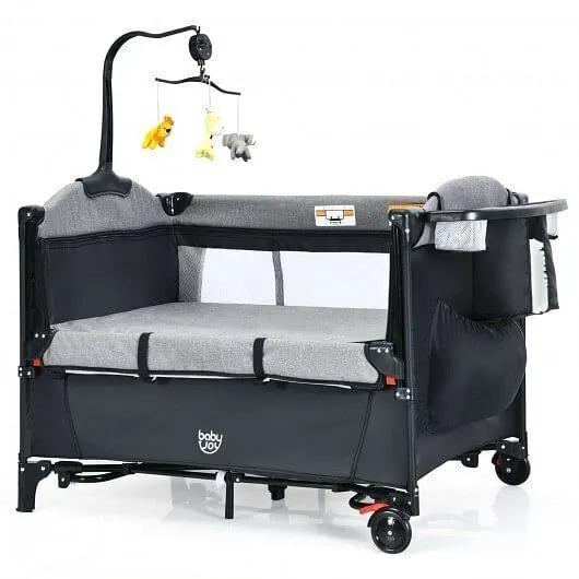 5-in-1 Baby Nursery Center Foldable Toddler Bedside Crib with Music Box-Black -