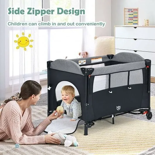 5-in-1 Baby Nursery Center Foldable Toddler Bedside Crib with Music Box-Black -