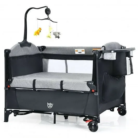 5-in-1 Baby Nursery Center Foldable Toddler Bedside Crib with Music Box-Black -