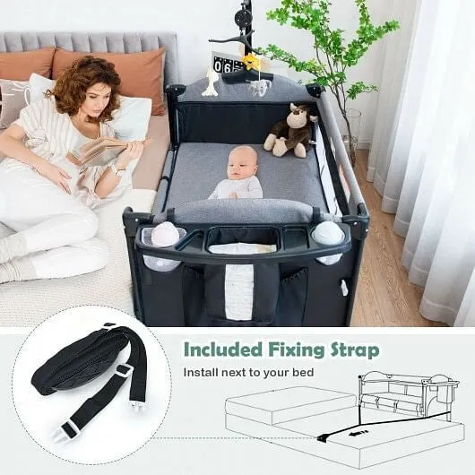 5-in-1 Baby Nursery Center Foldable Toddler Bedside Crib with Music Box-Black -
