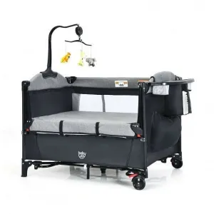 5-in-1 Baby Nursery Center Foldable Toddler Bedside Crib with Music Box-Black -