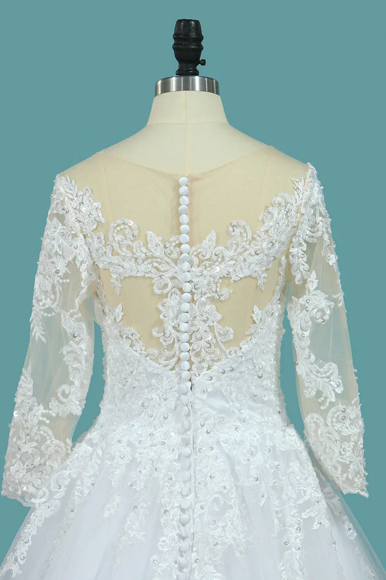 A Line 3/4 Sleeves Tulle Scoop Wedding Dress With Applique OKE73