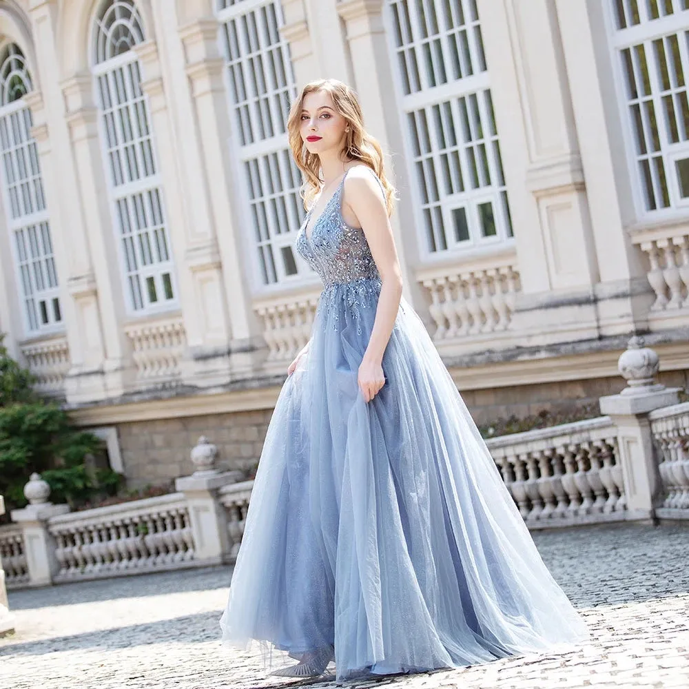 A-line Crystal V Neck Long Prom Dress Tulle Beaded Sleeveless Party Gown OKW60