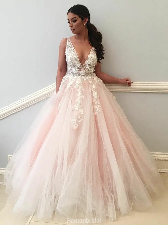 A-Line Deep V-Neck Backless Appliques Long Tulle Prom Dress, PD0594