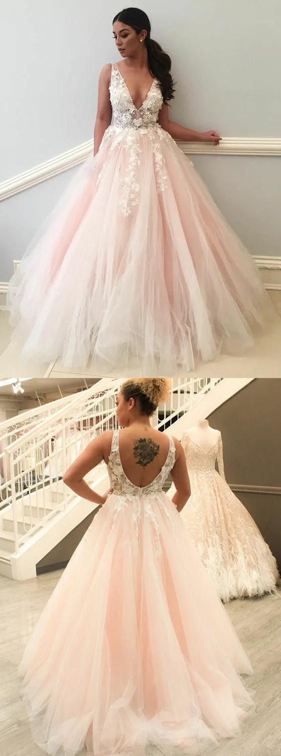 A-Line Deep V-Neck Backless Appliques Long Tulle Prom Dress, PD0594