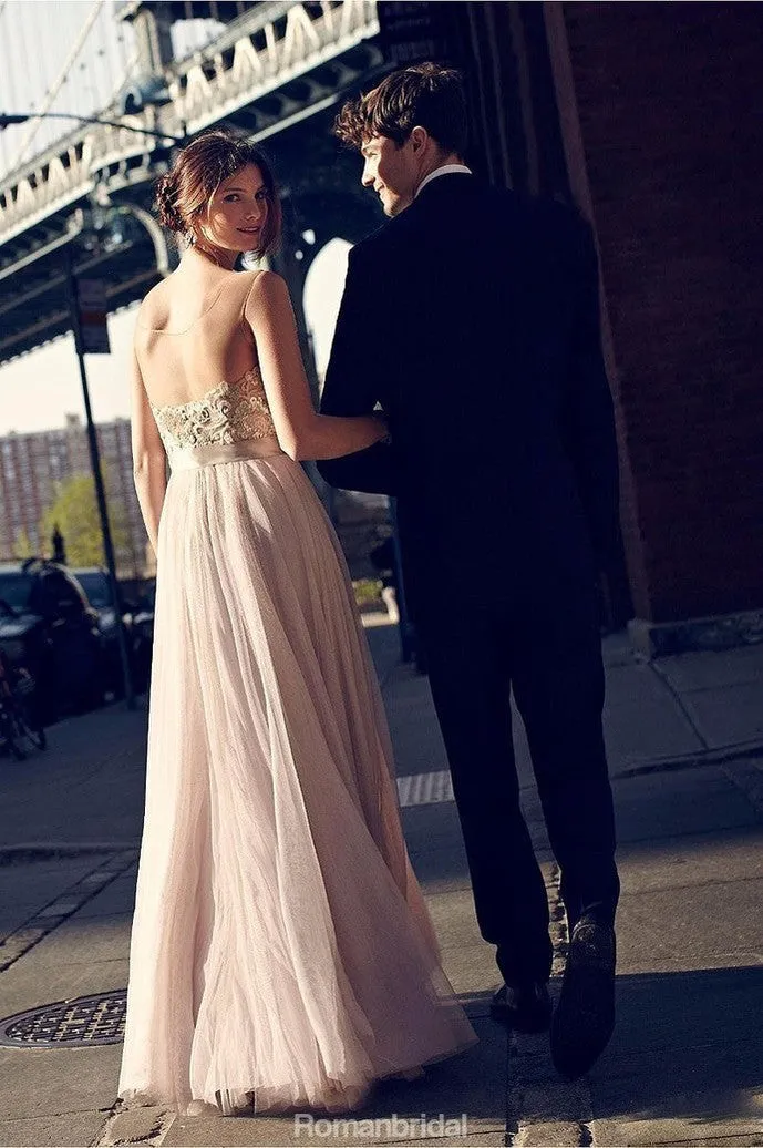 A-line Floor-length Appliques Long Tulle Prom Dresses, PD0658