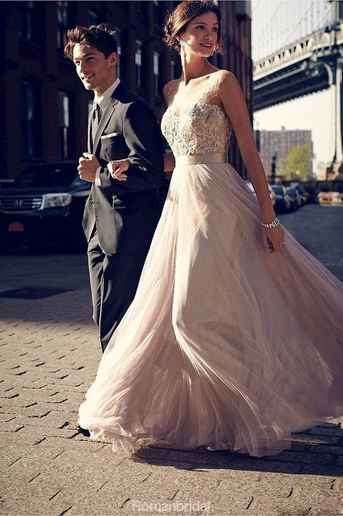 A-line Floor-length Appliques Long Tulle Prom Dresses, PD0658