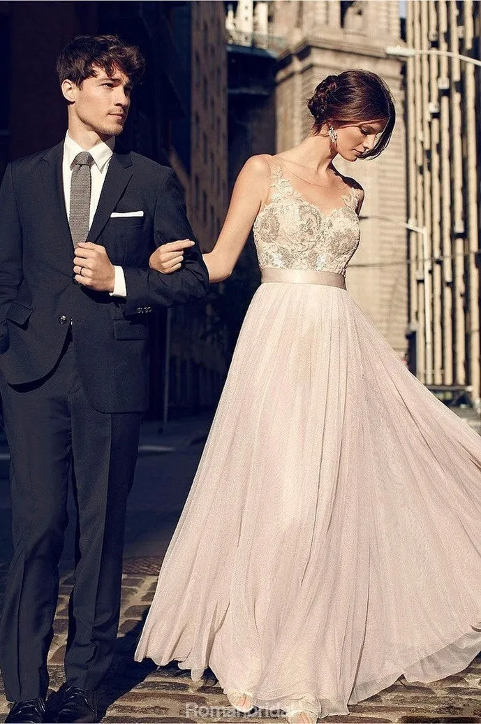 A-line Floor-length Appliques Long Tulle Prom Dresses, PD0658