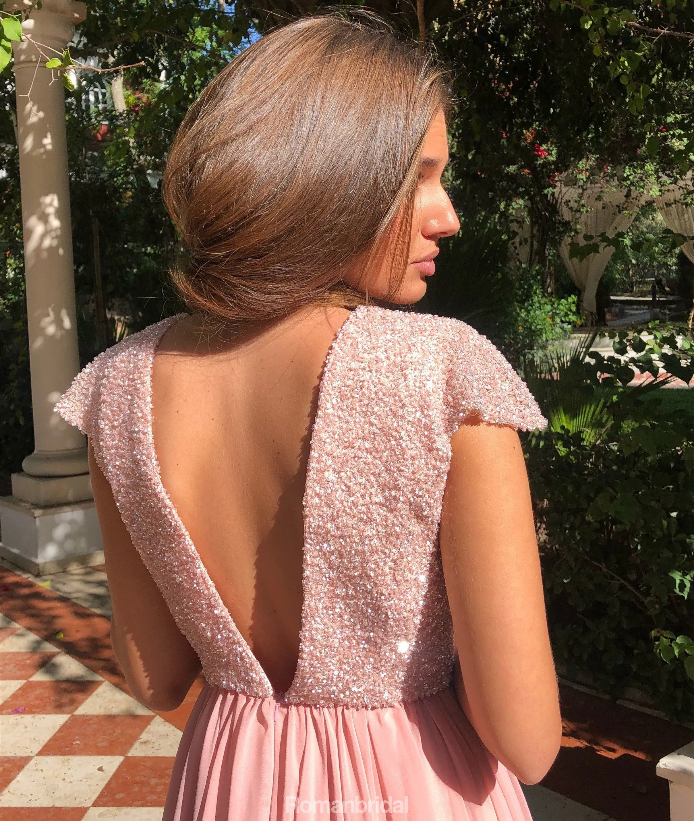 A-line Floor-length Backless Beading Long Prom Dresses, PD0674