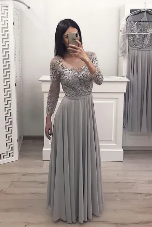 A Line Gray Chiffon Long Sleeves Prom Dress, Cheap Appliques Evening Gown OKI12