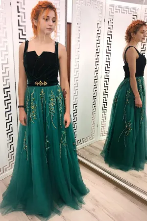 A Line Green and Black Tulle Prom Dress, Charming Appliques Formal Dress OKI13