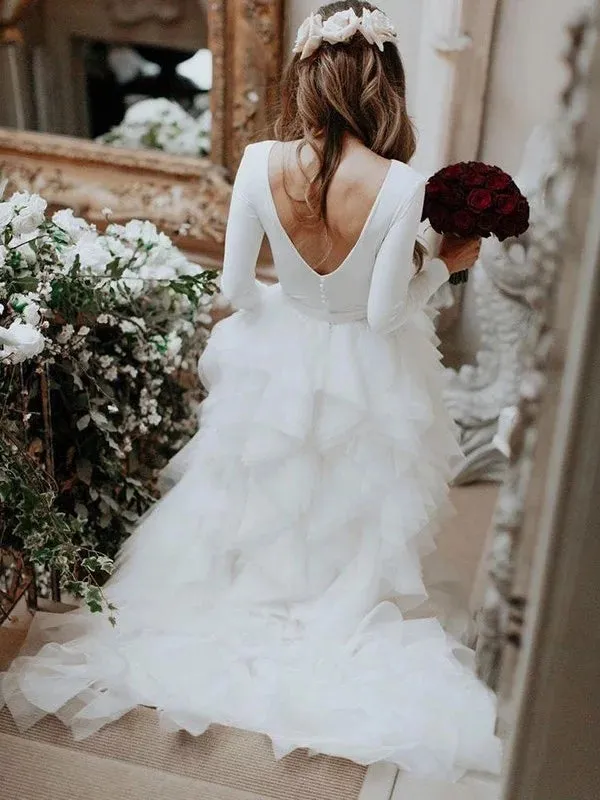 A-line Long Sleeves Backless Tulle Ruffles Wedding Dresses, WD0453