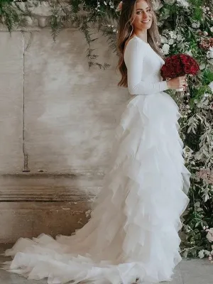 A-line Long Sleeves Backless Tulle Ruffles Wedding Dresses, WD0453
