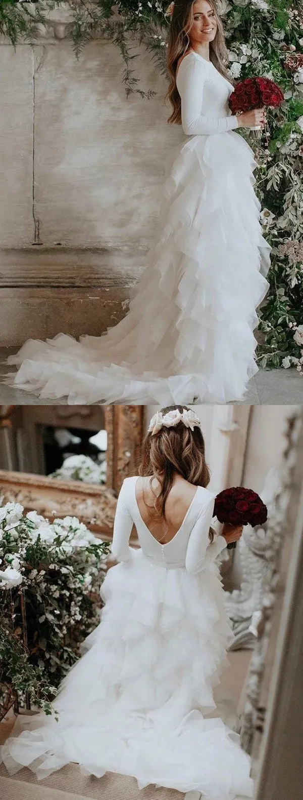A-line Long Sleeves Backless Tulle Ruffles Wedding Dresses, WD0453