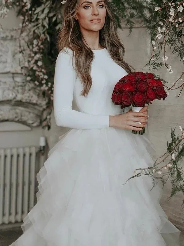 A-line Long Sleeves Backless Tulle Ruffles Wedding Dresses, WD0453