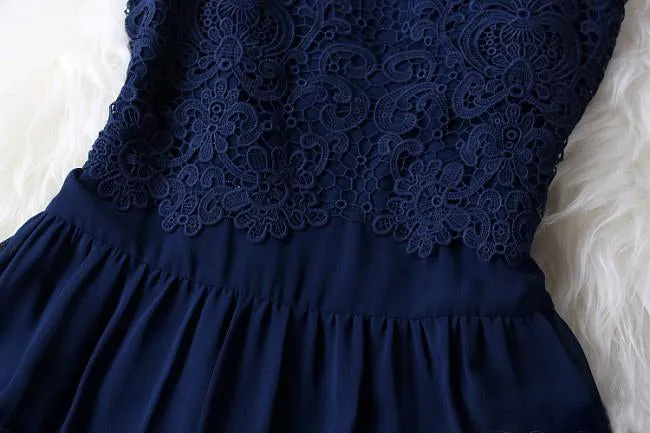 A line Mini Navy Blue Sleeveless Crew Short Homecoming Dresses With Lace OKD10