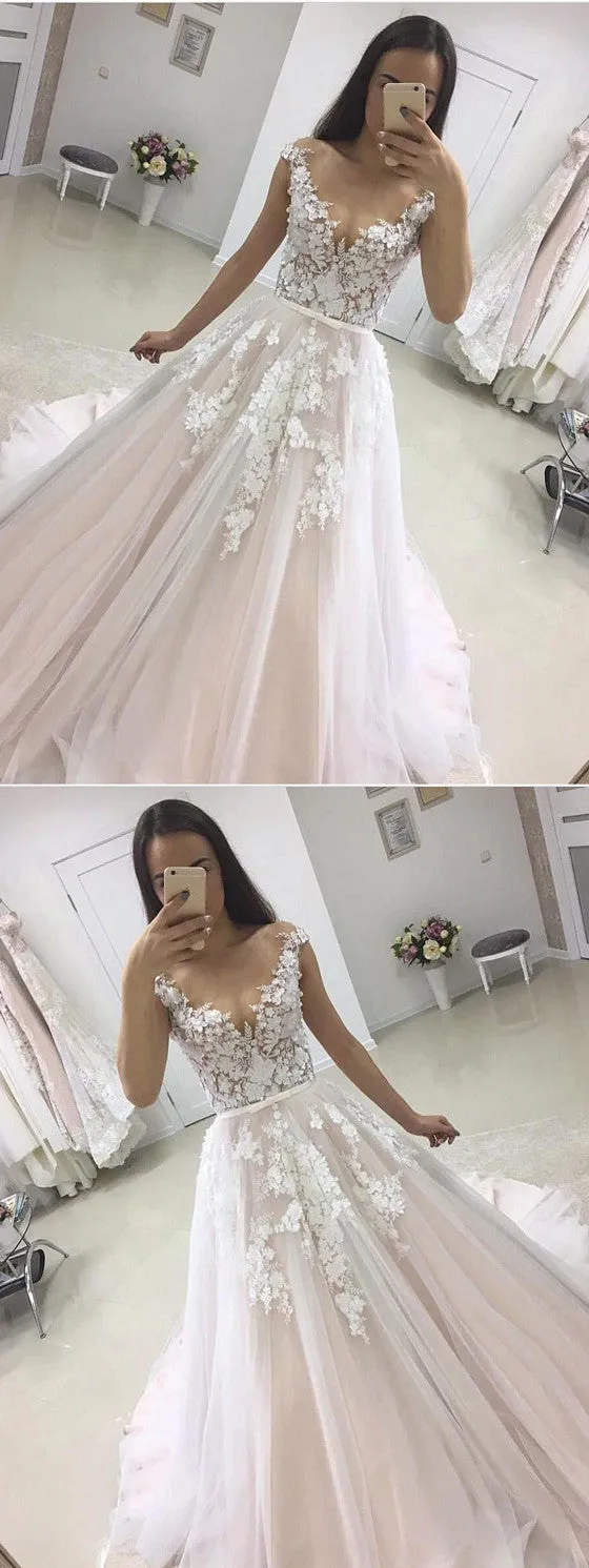 A-line Off-shoulder V-neck Lace Appliques Wedding Dresses With Train, WD0414