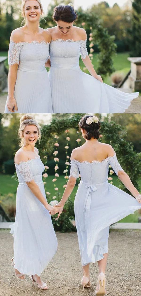 A-Line Off-the-Shoulder Light Blue Lace Top Pleated Chiffon Bridesmaid Dress , BD0514