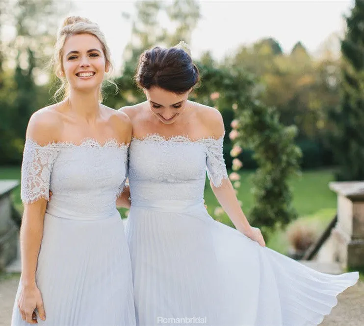 A-Line Off-the-Shoulder Light Blue Lace Top Pleated Chiffon Bridesmaid Dress , BD0514